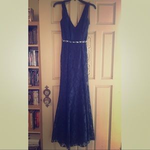 Navy lace formal gown with rhinestone belt